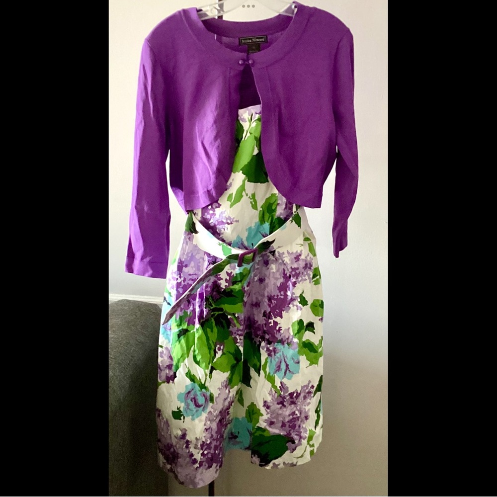 12 L 1980s 3 Pc Cotton Sundress Belt Cropped Sweater Big Purple Lilacs New
